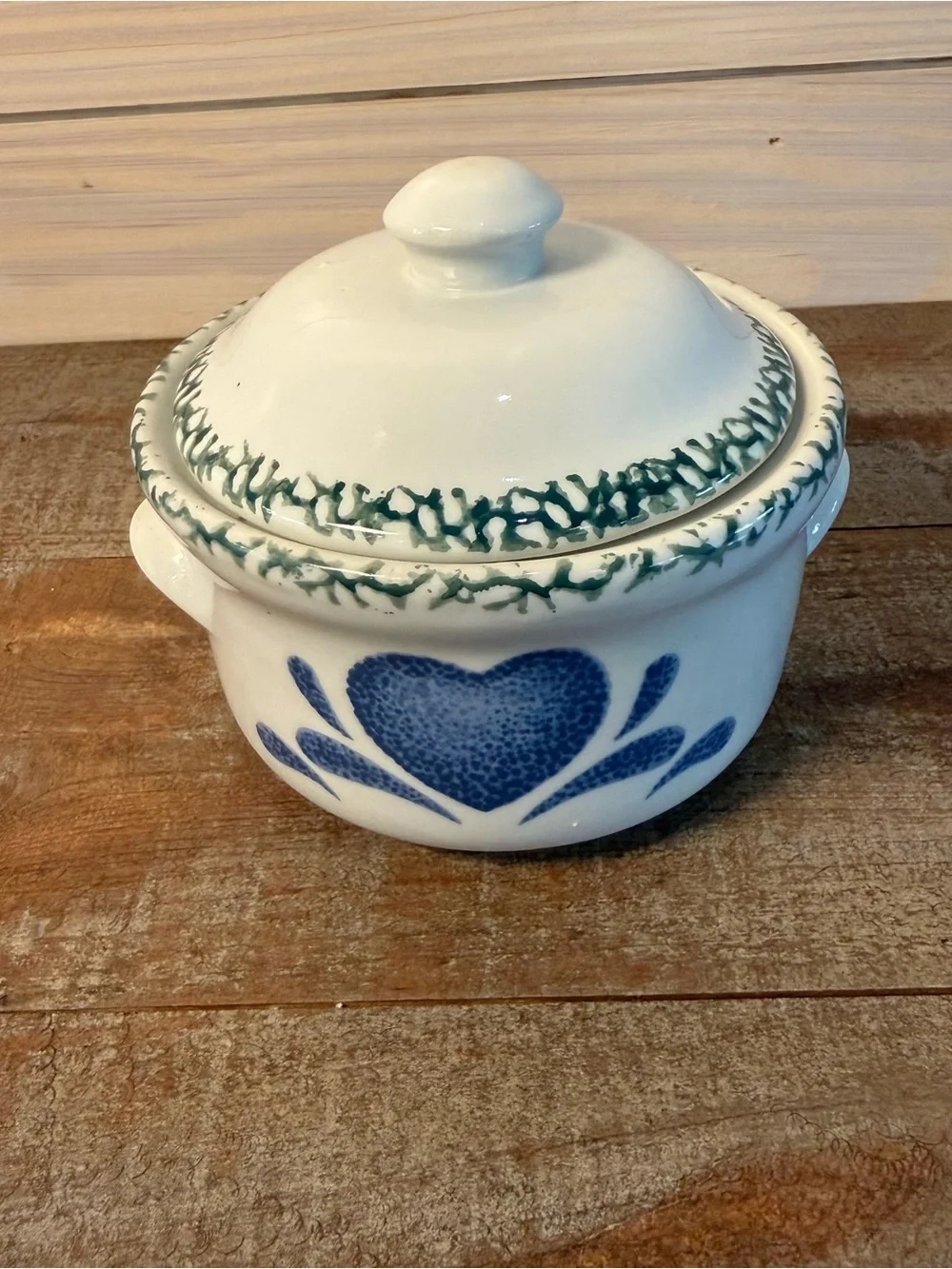 Vintage Pottery Soup Bowl Casserole Dish Blue Heart with Lid Handle Spongeware